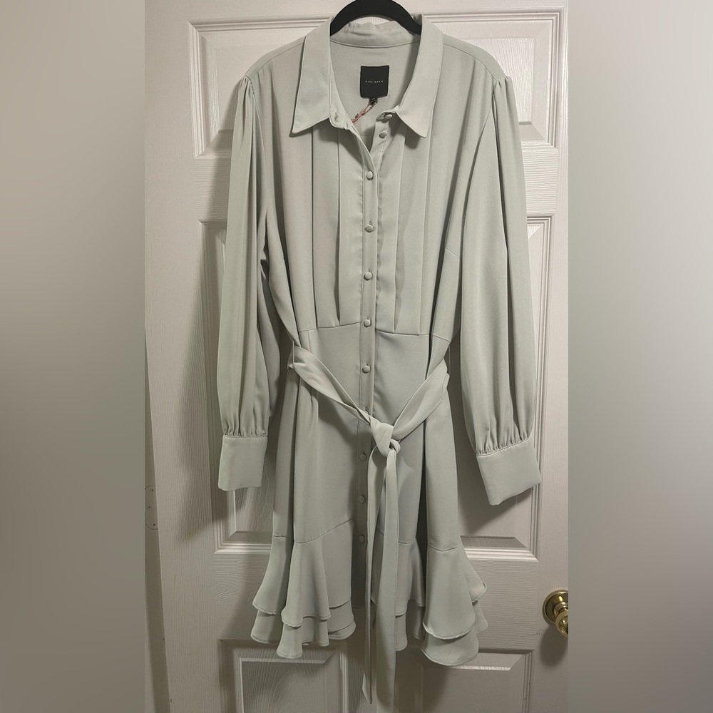 Alex Marie Women’s Jesse Long Sleeves Tie Waist Tiered Pleated Shirt Dress Sz 18